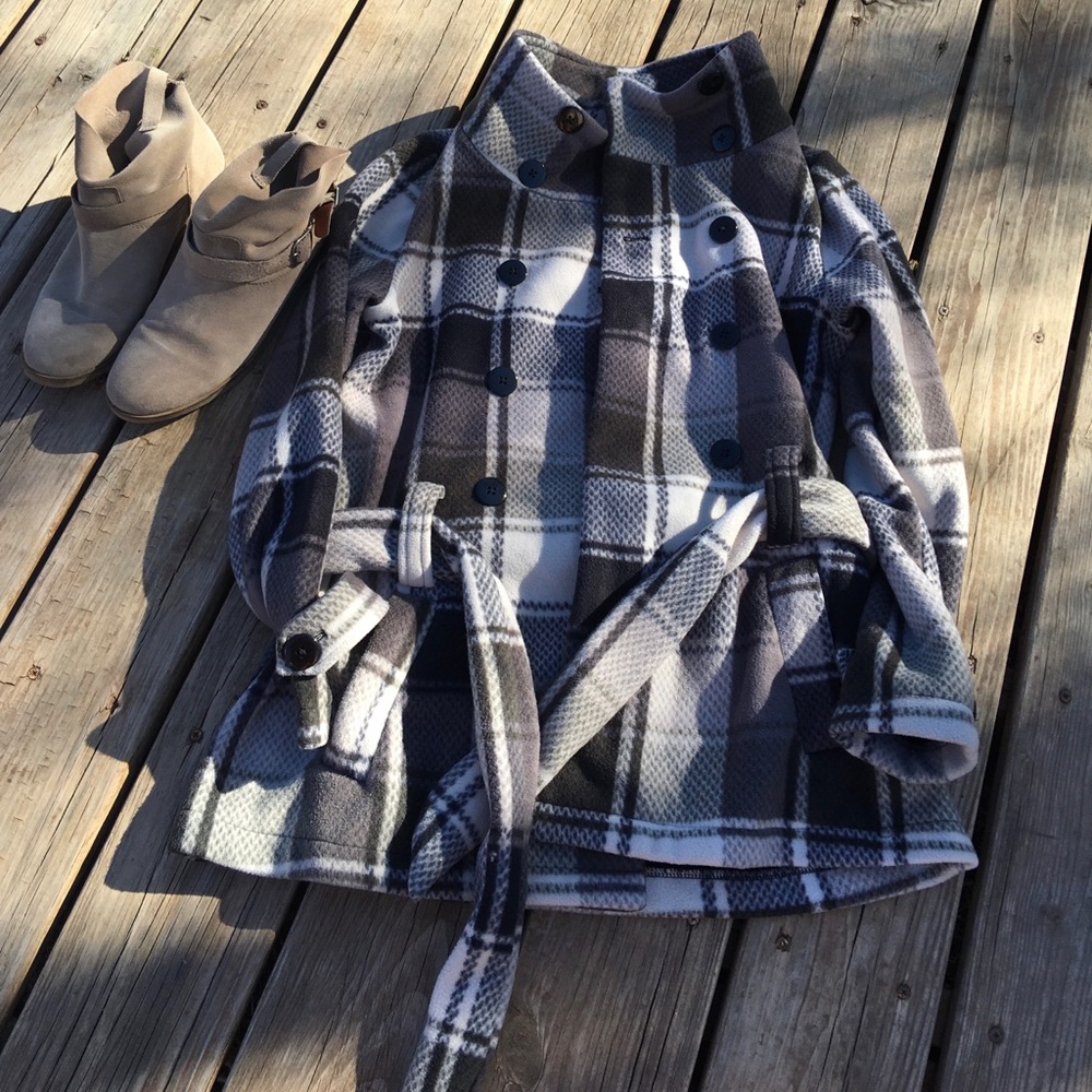 Plaid Fleece Pea Coat w/ Wrap Belt